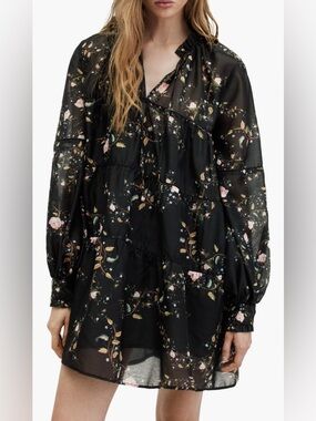 All Saints Mindy Floral Long Sleeve Trapeze Minidress
